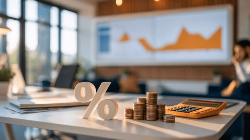 Enfeite em formato de porcentagem, pilhas de moedas e calculadora